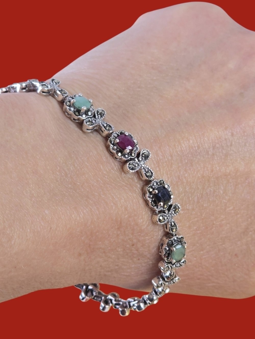 Natural Ruby 5x4mm, Emerald,‎ Sapphire, Marcasite 925 Sterling Silver Bracelet